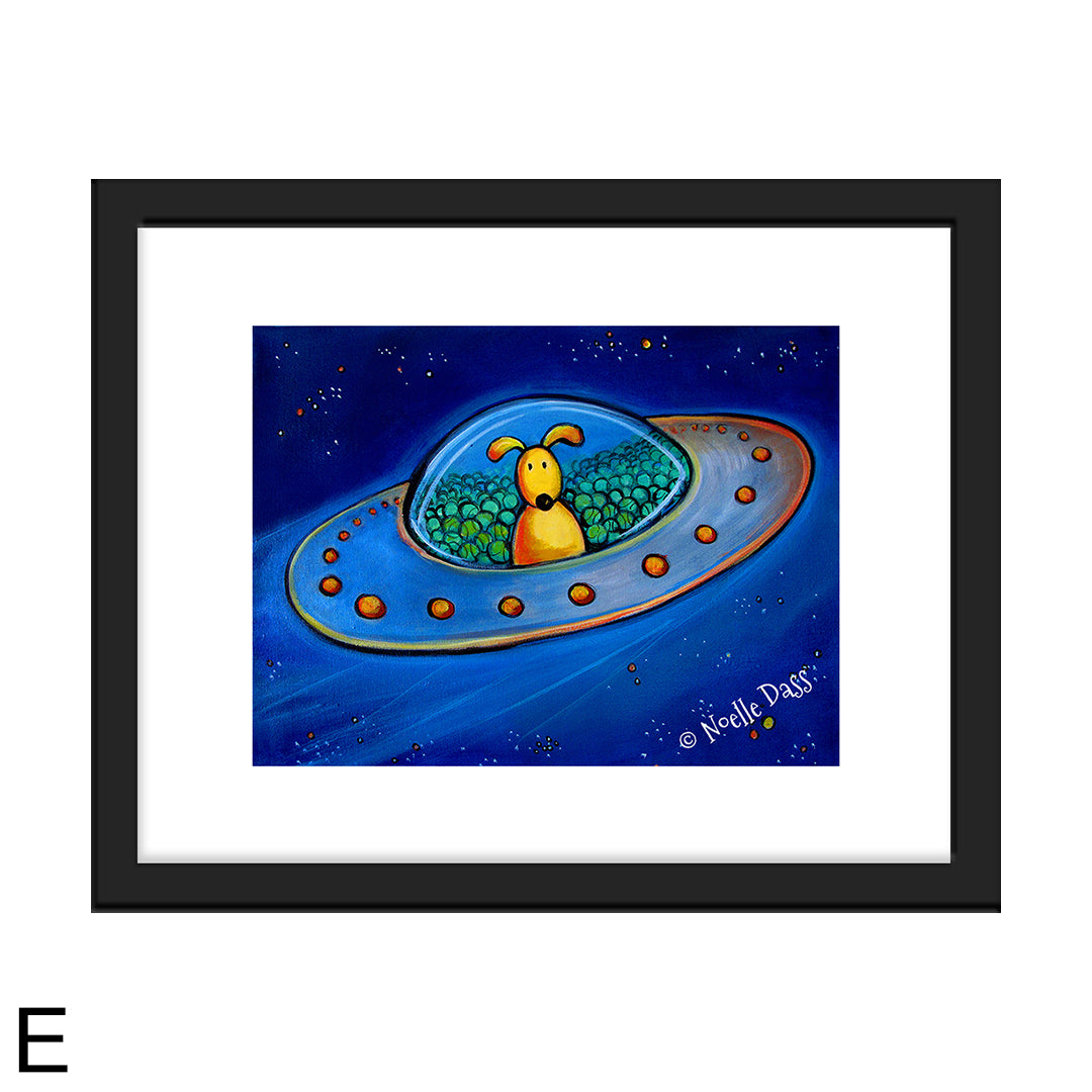 The Great Escape (Dog in UFO with tennis balls) E. Framed 11x14 paper with white border