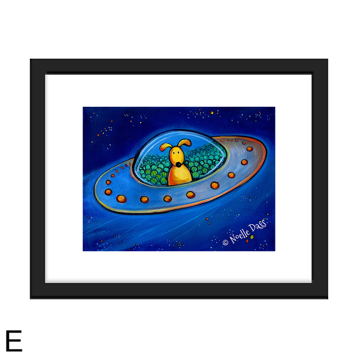 The Great Escape (Dog in UFO with tennis balls) E. Framed 11x14 paper with white border