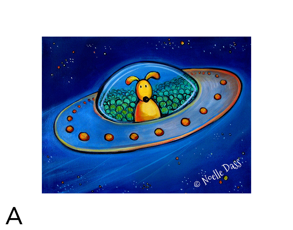 The Great Escape (Dog in UFO with tennis balls) A. 11x14 in. archival paper with white border - image is 8x10