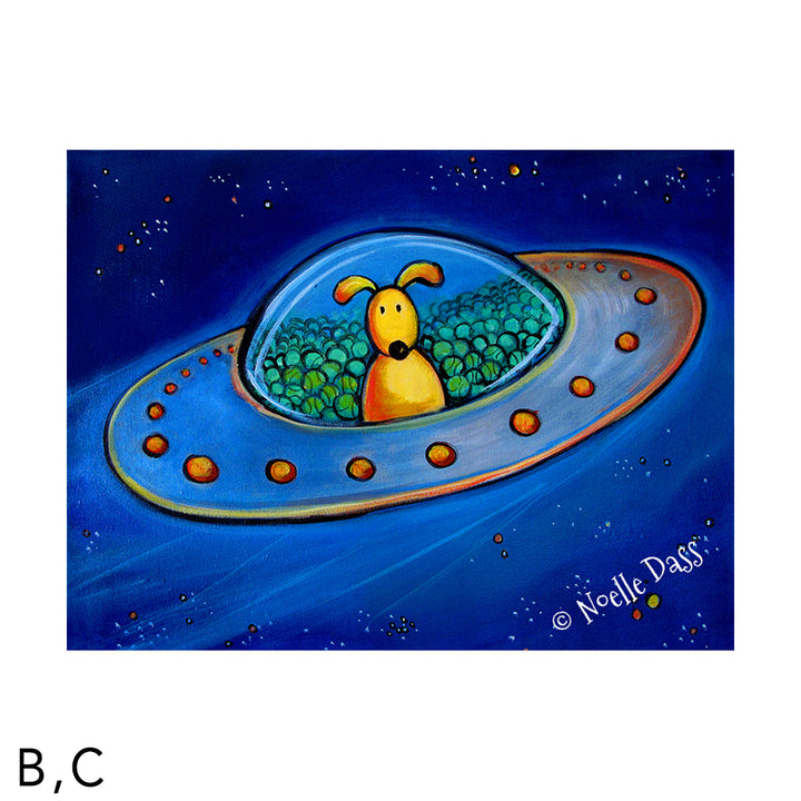 The Great Escape (Dog in UFO with tennis balls) C. Archival Paper - Image is 18x24 in.