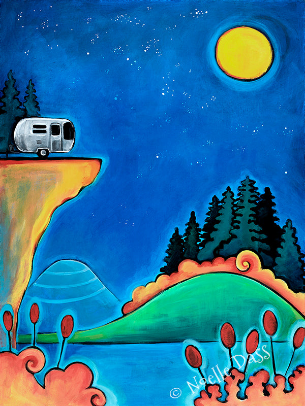 Airstream camper on a quiet moonlit road at night, peaceful road less traveled art print