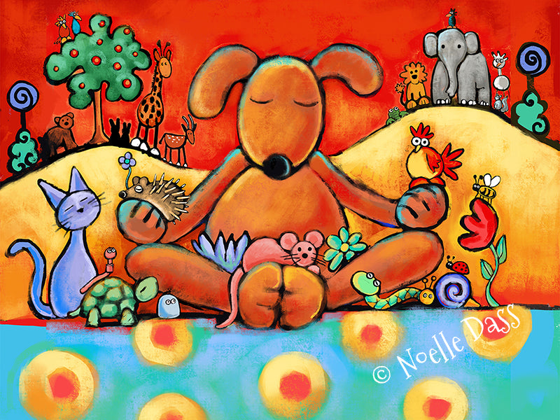 Dog depicted as a Buddha lama with other animals, colorful dog wisdom art print