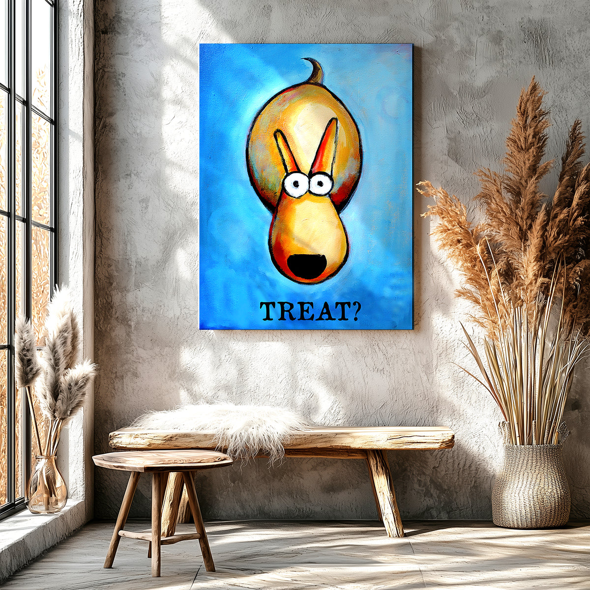 Dog intensely focused on getting a treat with hopeful expression, funny dog art print