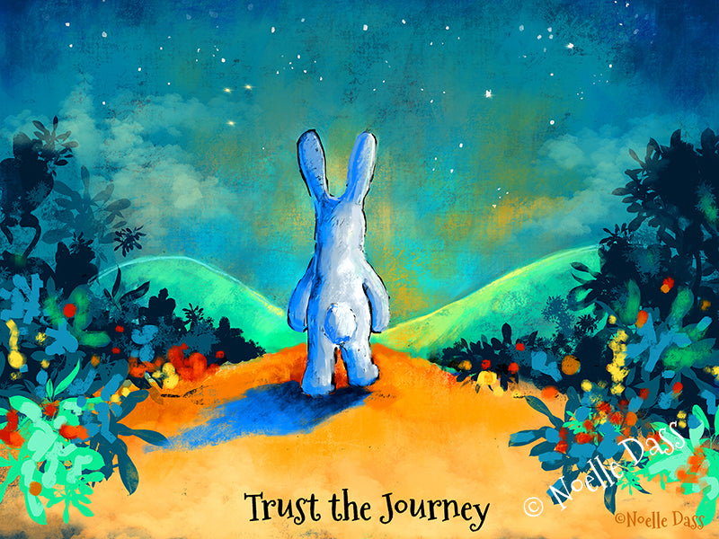 Rabbit walking on a winding forest trail, colorful inspirational rabbit art print