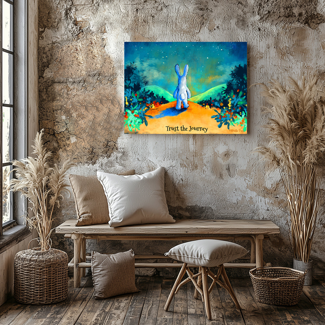 Rabbit walking on a winding forest trail, colorful inspirational rabbit art print