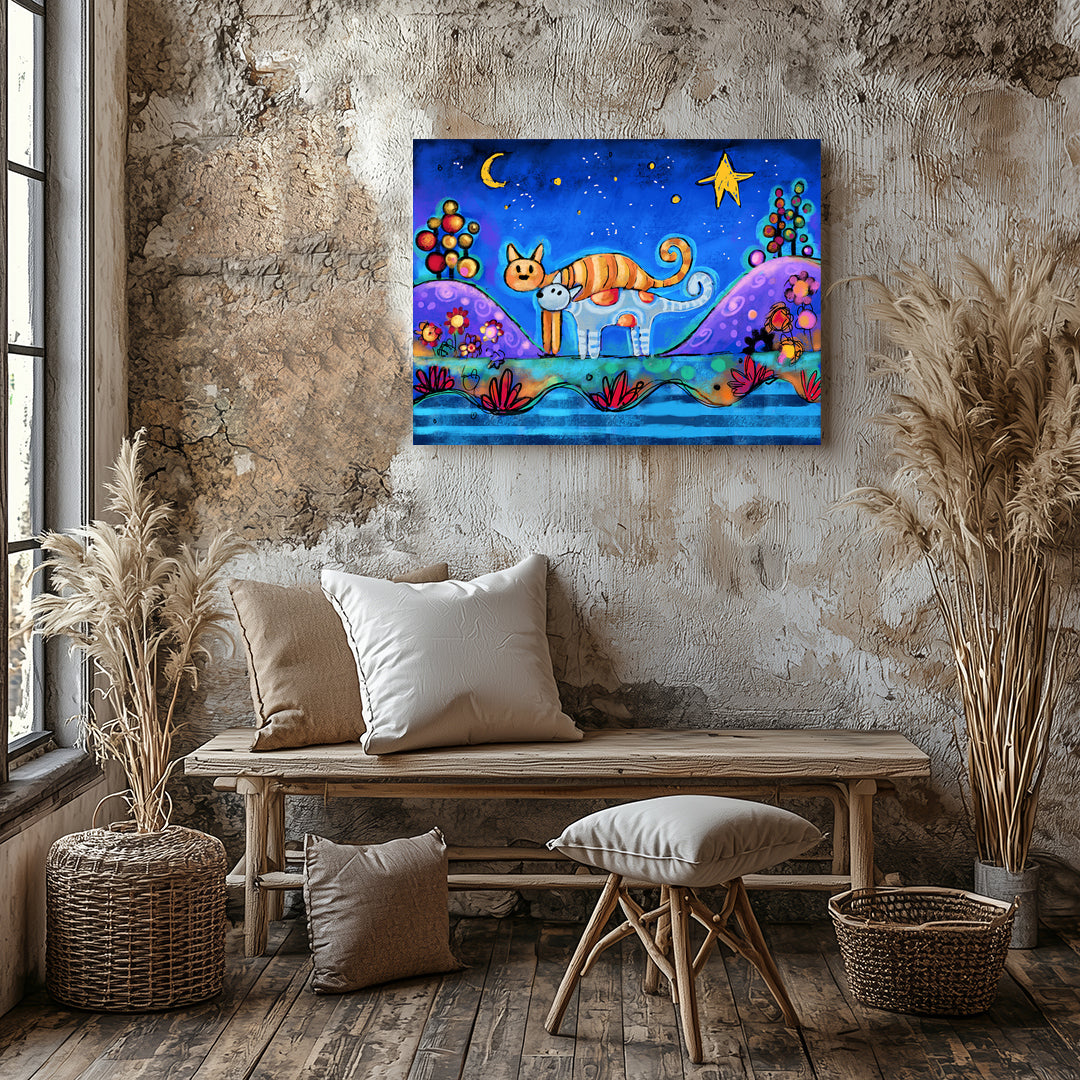 Two cats sitting under a glowing moon at night, dreamy cat art print