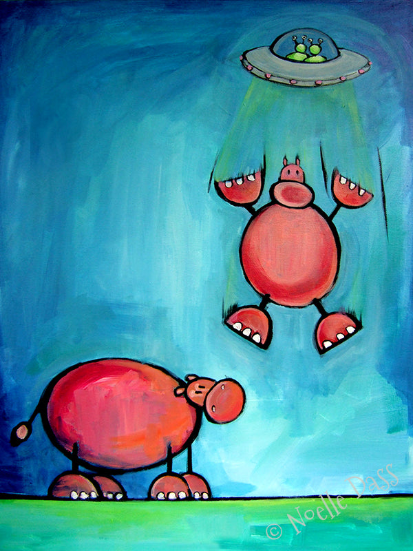 UFO beaming up a hippo, funny absurd hippo UFO art print