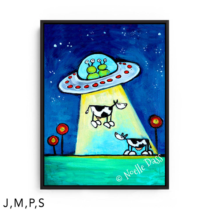 Got M*lk?! UFO abducting Cow Art S: Framed Canvas - Black 30x40 in.
