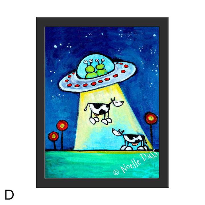 Got M*lk?! UFO abducting Cow Art D. Framed 6x8 in. paper