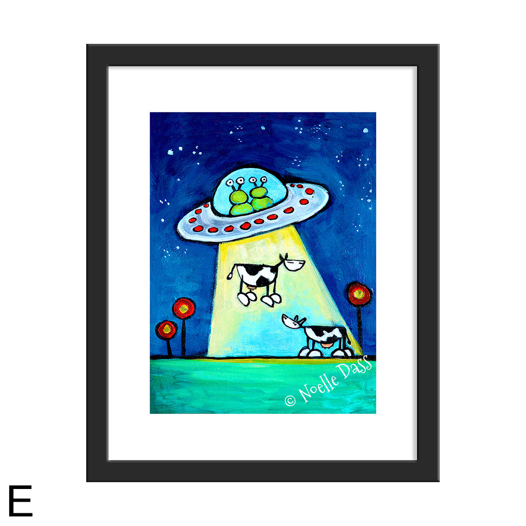 Got M*lk?! UFO abducting Cow Art E. Framed 11x14 paper with white border