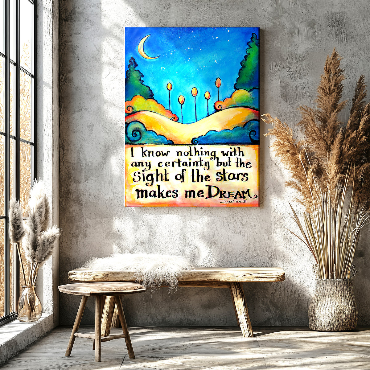 Colorful night sky with Van Gogh stars make me dream quote, inspirational night sky art print
