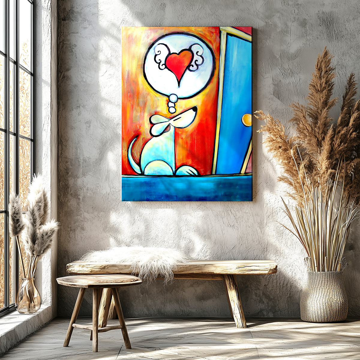 White dog waiting with a heart, colorful tender dog art print