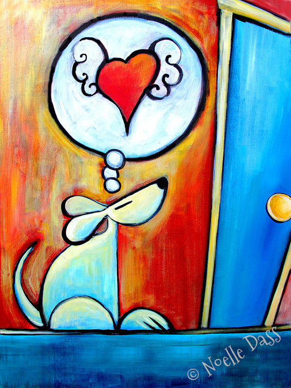 White dog waiting with a heart, colorful tender dog art print