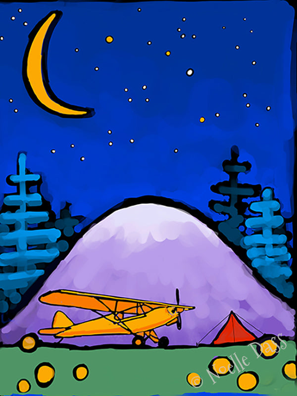 Bear cub near tent under starry mountain sky, magical adventure camping art print