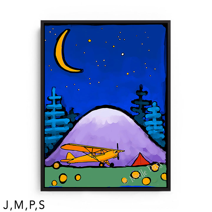 Adventure Awaits Cub and Tent in Mountains Under Stars and Moon S: Framed Canvas - Black 30x40 in.