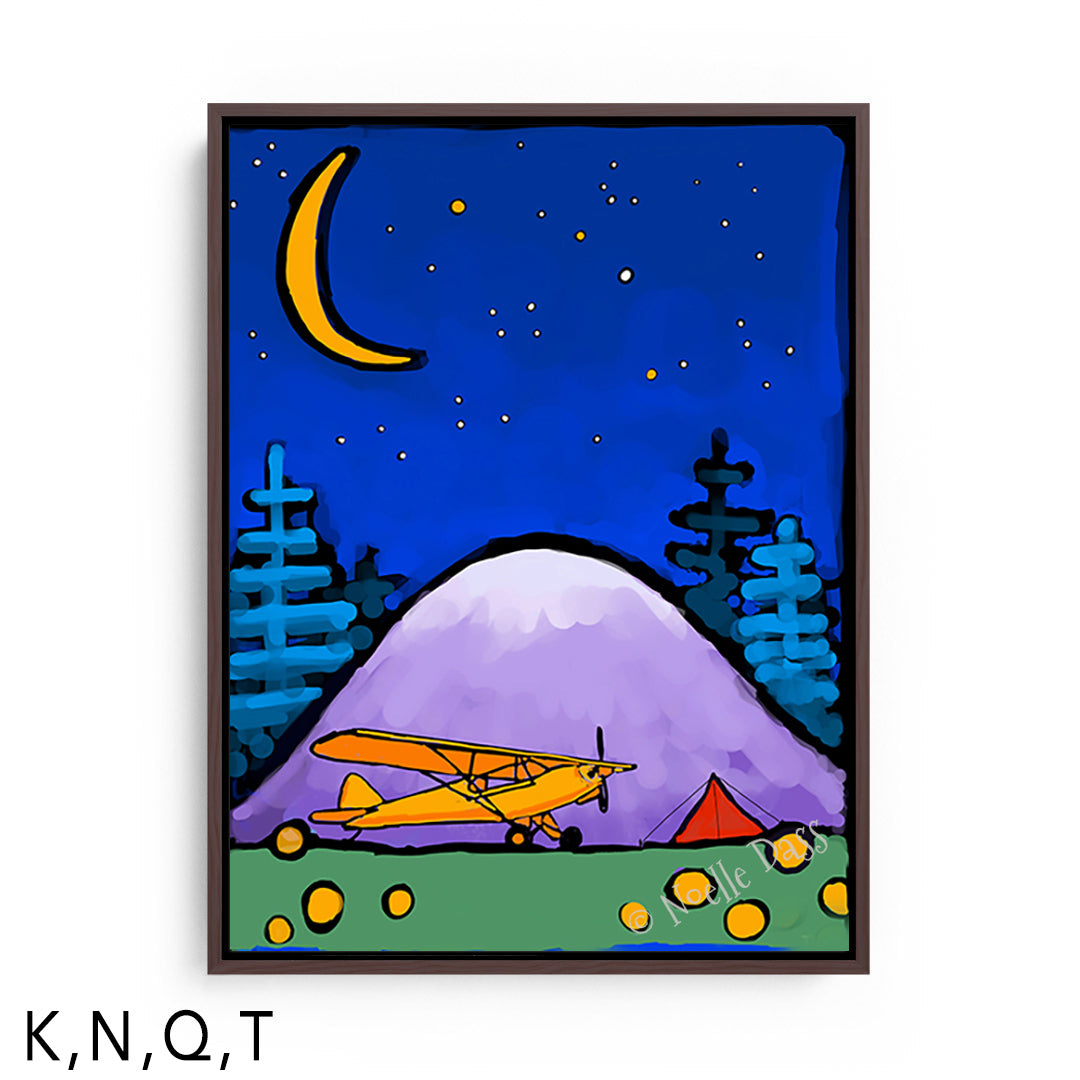 Adventure Awaits Cub and Tent in Mountains Under Stars and Moon T: Framed Canvas - Brown 30x40 in.