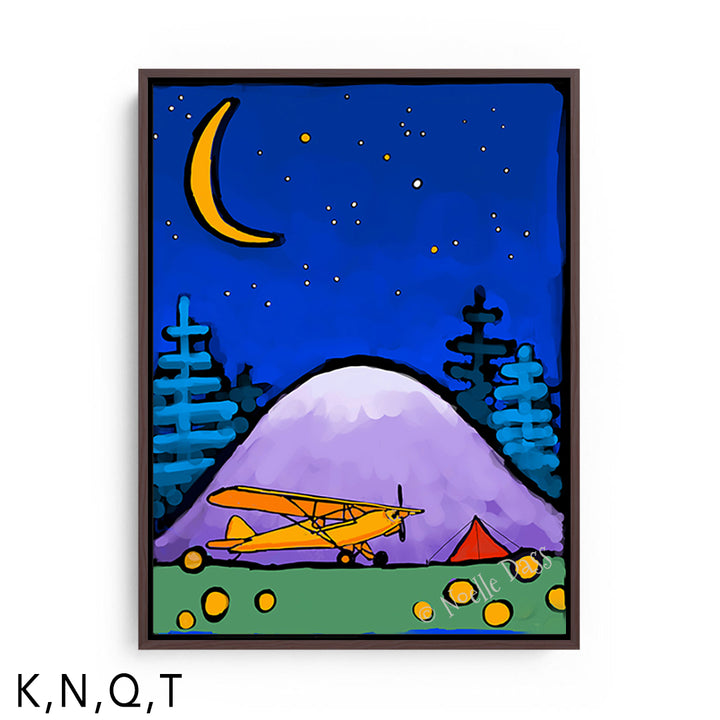 Adventure Awaits Cub and Tent in Mountains Under Stars and Moon T: Framed Canvas - Brown 30x40 in.