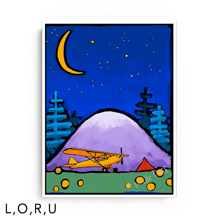 Adventure Awaits Cub and Tent in Mountains Under Stars and Moon U: Framed Canvas - White 30x40 in.