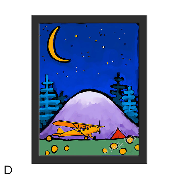 Adventure Awaits Cub and Tent in Mountains Under Stars and Moon D. Framed 6x8 in. paper