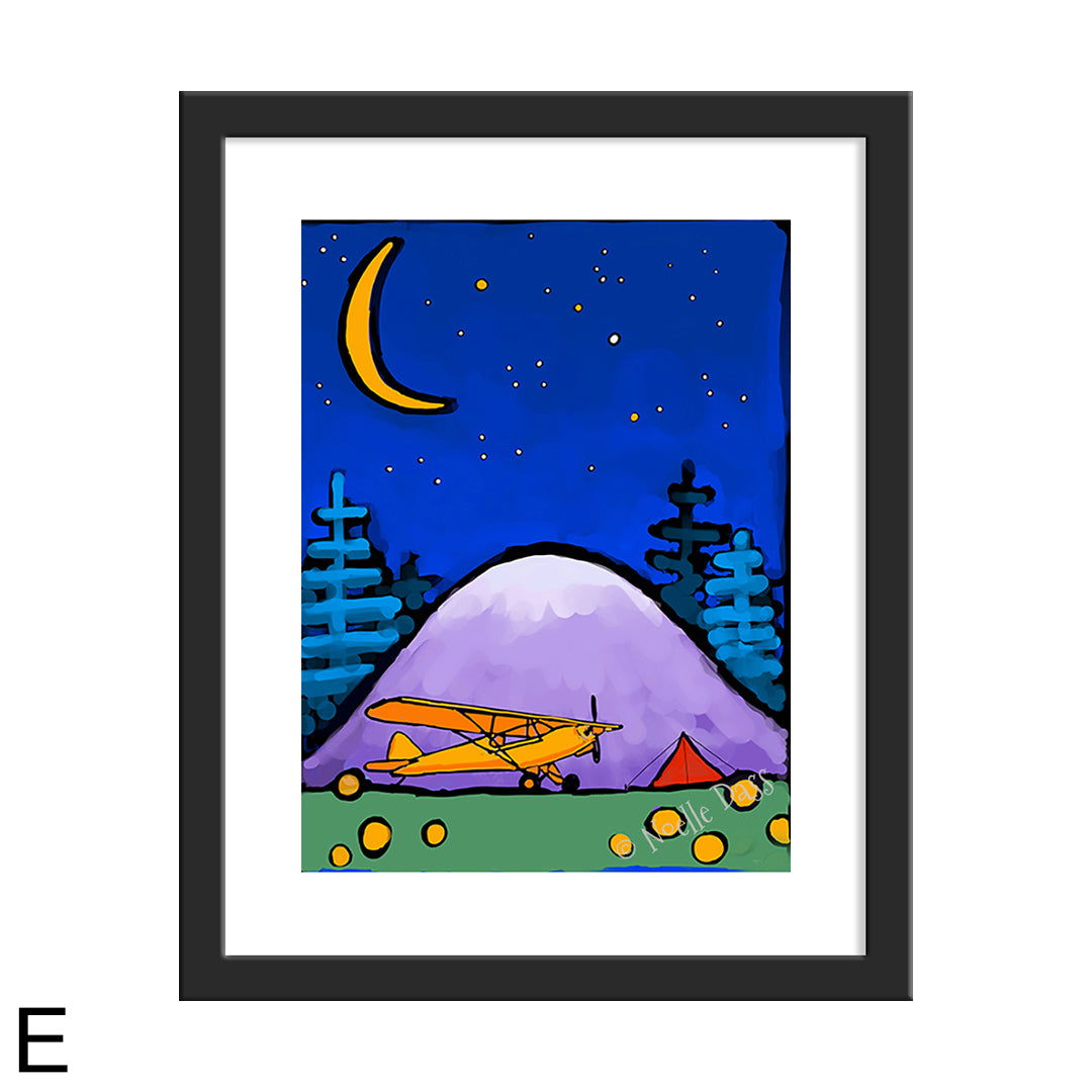 Adventure Awaits Cub and Tent in Mountains Under Stars and Moon 11x14 matted art print in a black frame by Noelle Dass