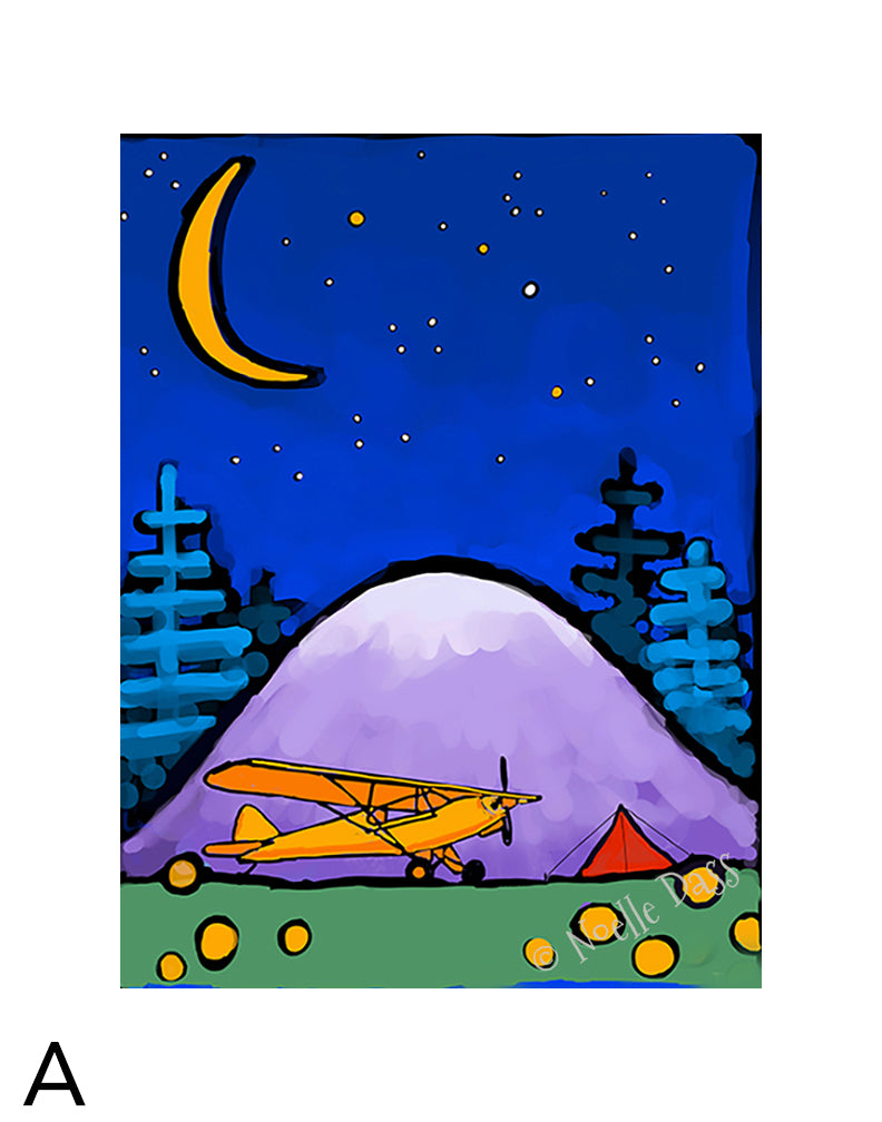 Adventure Awaits Cub and Tent in Mountains Under Stars and Moon A. 11x14 in. archival paper with white border - image is 8x10