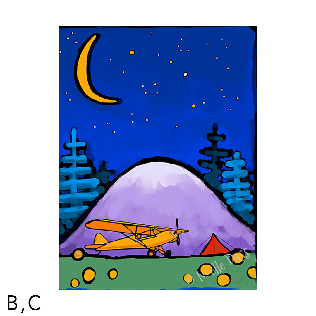 Adventure Awaits Cub and Tent in Mountains Under Stars and Moon C. Archival Paper - Image is 18x24 in.