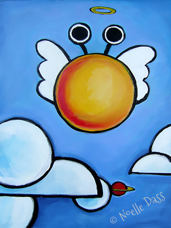 Alien angel cherub floating in clouds, whimsical surreal art print