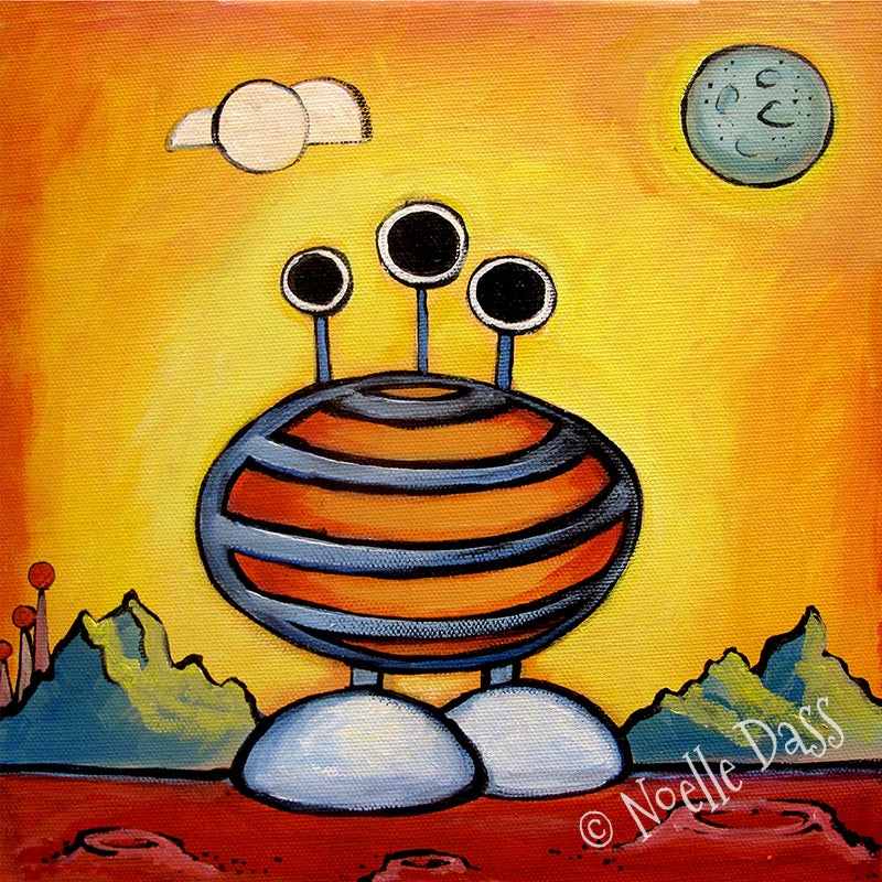 Alien wearing colorful striped pajamas, quirky funny alien art print