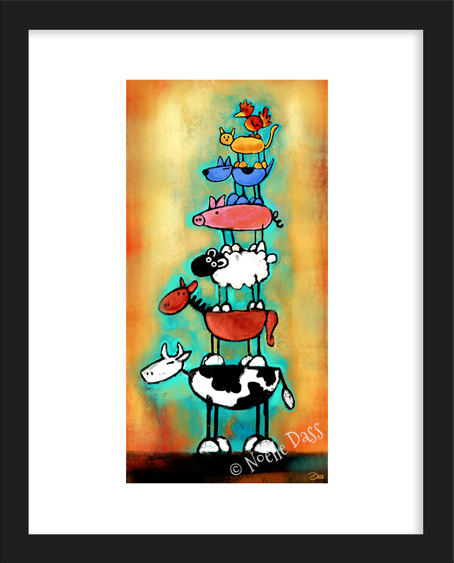 Totem Animal Love Tower Paper / 11x14 white border/Image is 5.5x11 / Black Frame