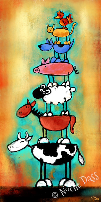 Colorful totem tower of stacked animals including dogs cats birds and farm animals, animal love art print