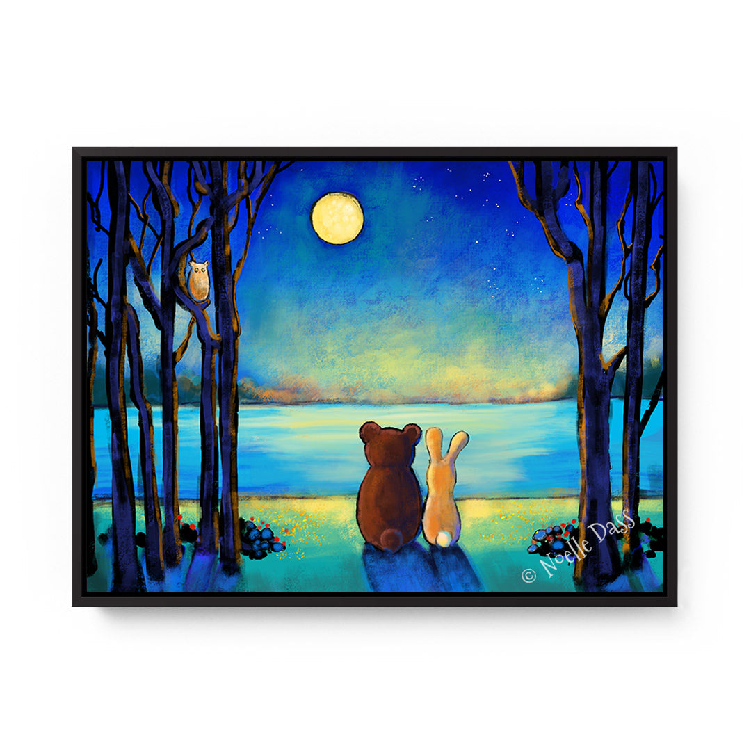 Bear and Rabbit Moonlight Canvas / 30x40 / Black Floating Frame