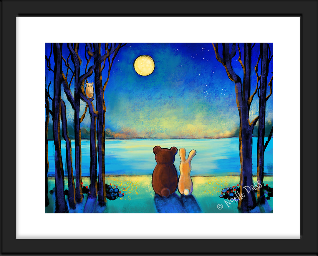 Bear and Rabbit Moonlight Paper / 11x14 with white border/image is 8x10 / Black Frame