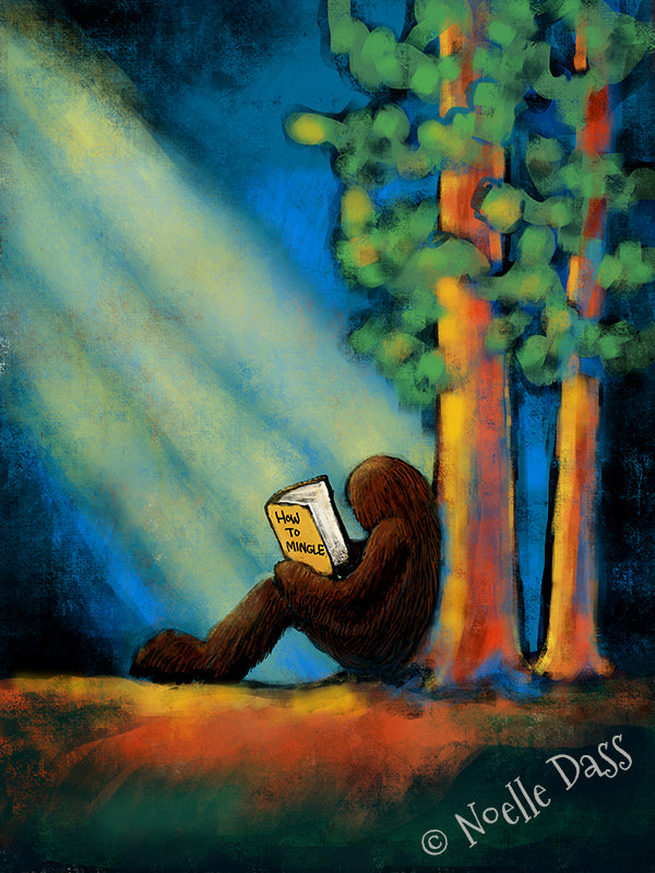 Bigfoot reading a How to Mingle book in the woods, funny introvert Bigfoot art print