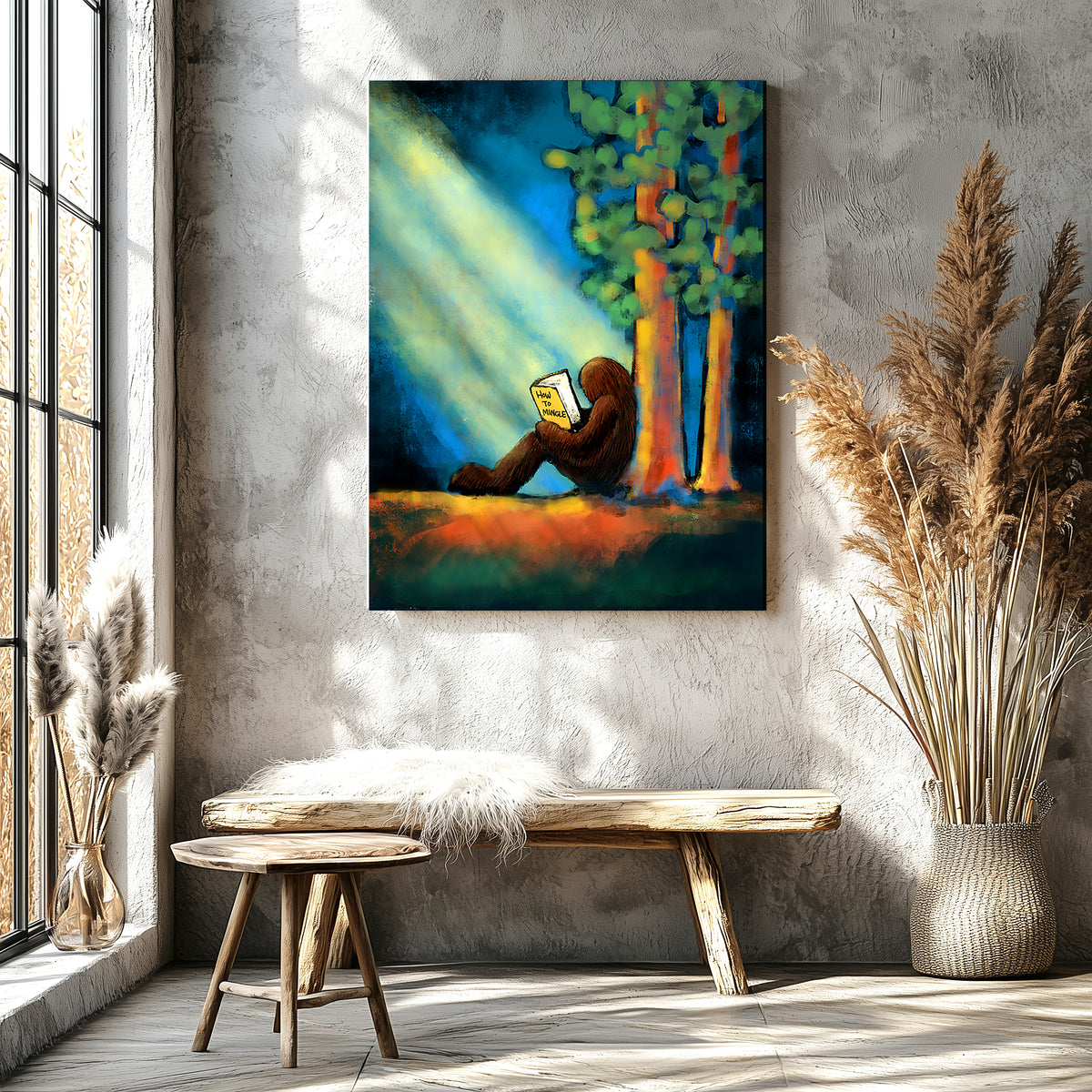 Bigfoot reading a How to Mingle book in the woods, funny introvert Bigfoot art print
