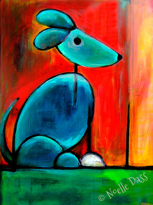 Expressive dog painted in rich blue tones, soulful blue dog art print
