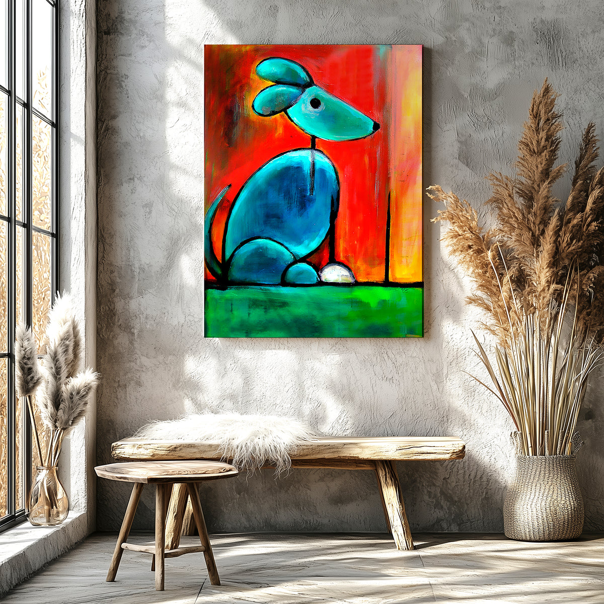 Expressive dog painted in rich blue tones, soulful blue dog art print