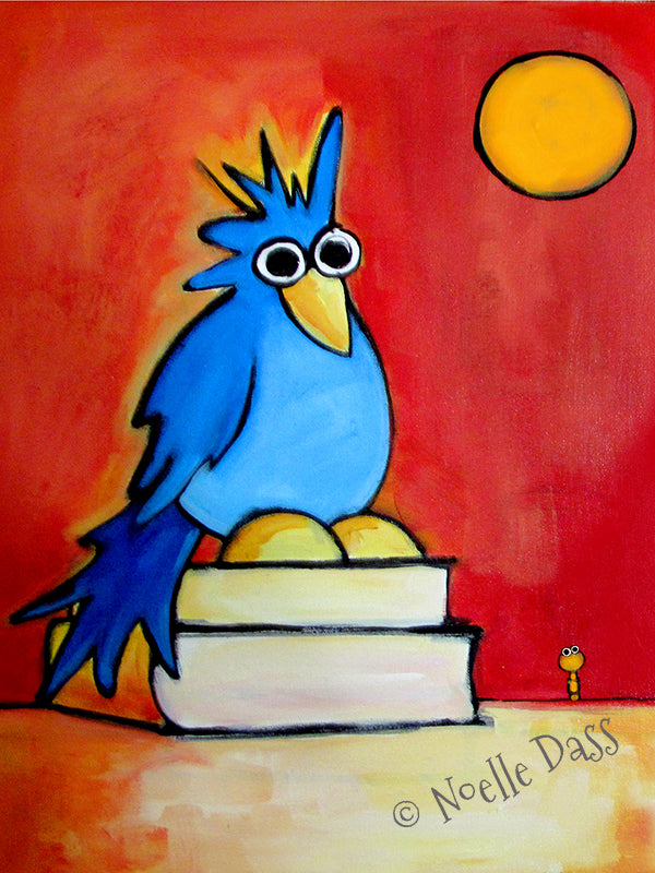Birds and worms reading books together, colorful bookworm friends art print