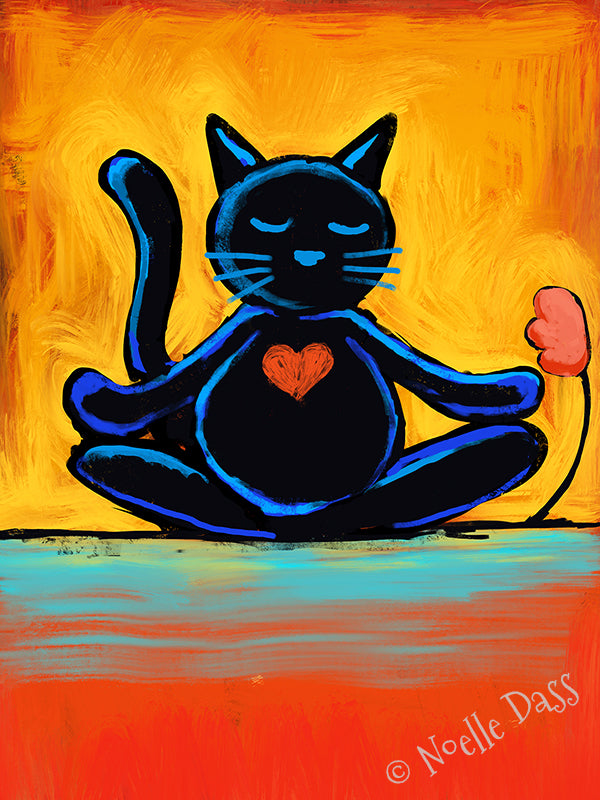 Cat sitting in lotus meditation pose with a peaceful expression, zen cat art print