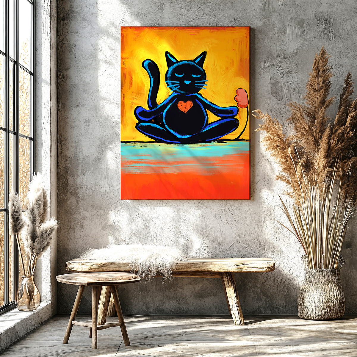 Cat sitting in lotus meditation pose with a peaceful expression, zen cat art print
