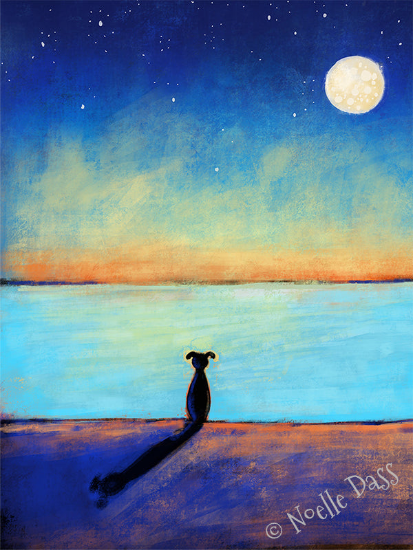 Dog sitting alone on beach watching the ocean, peaceful contemplative dog art print