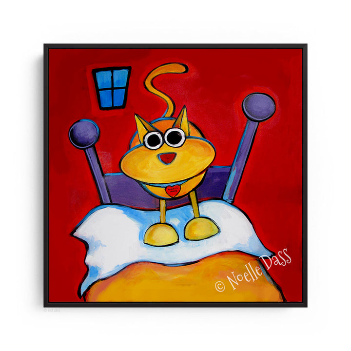 Who Needs an Alarm Clock?! Cat Art Canvas / 30x30 / Black Floating Frame