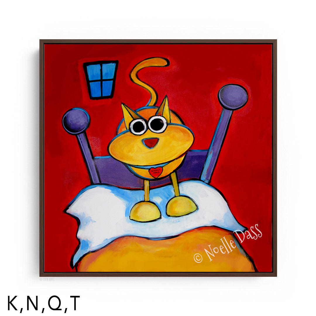 Who Needs an Alarm Clock?! Cat Art framed canvas art print with a brown floating frame by Noelle Dass