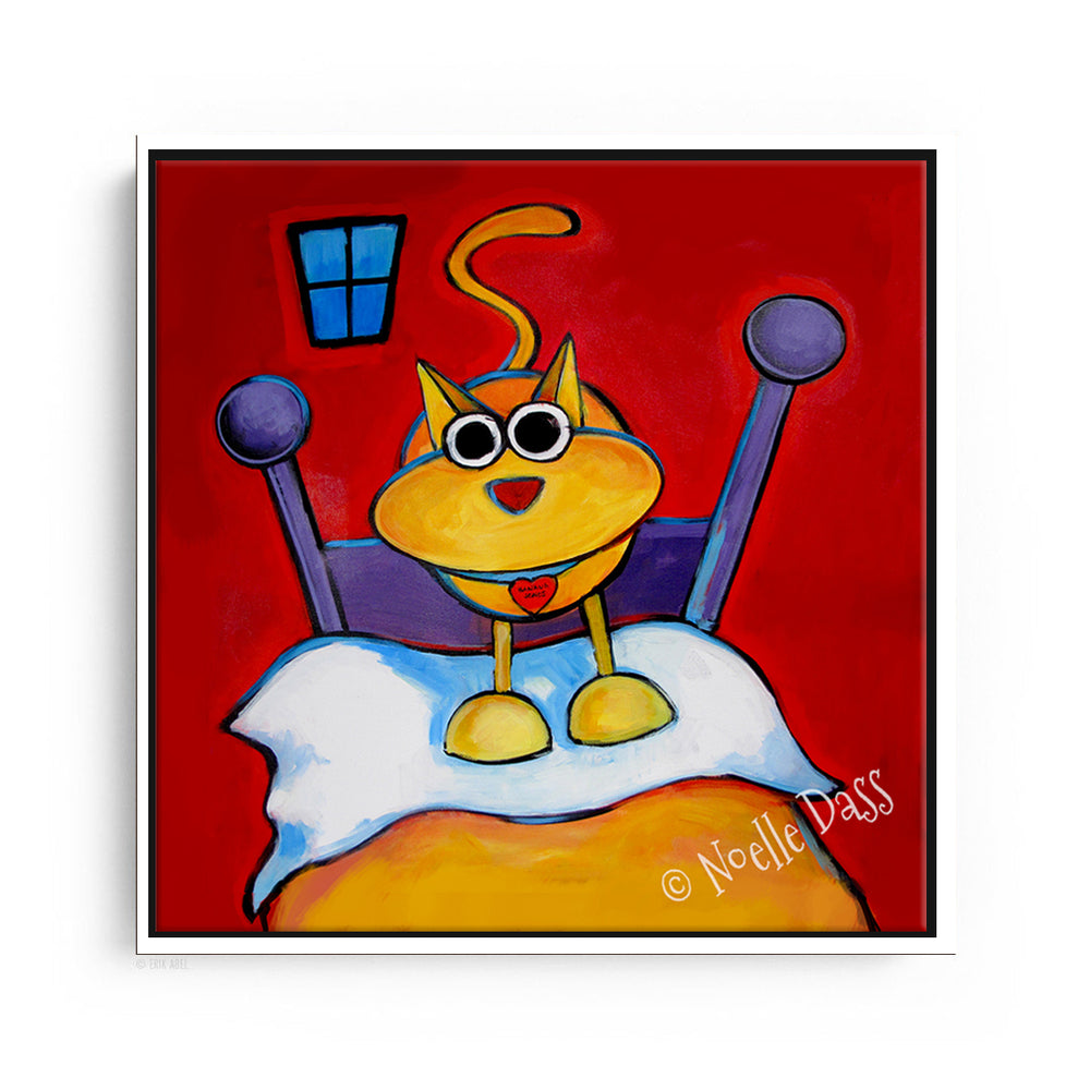 Who Needs an Alarm Clock?! Cat Art Canvas / 30x30 / White Floating Frame