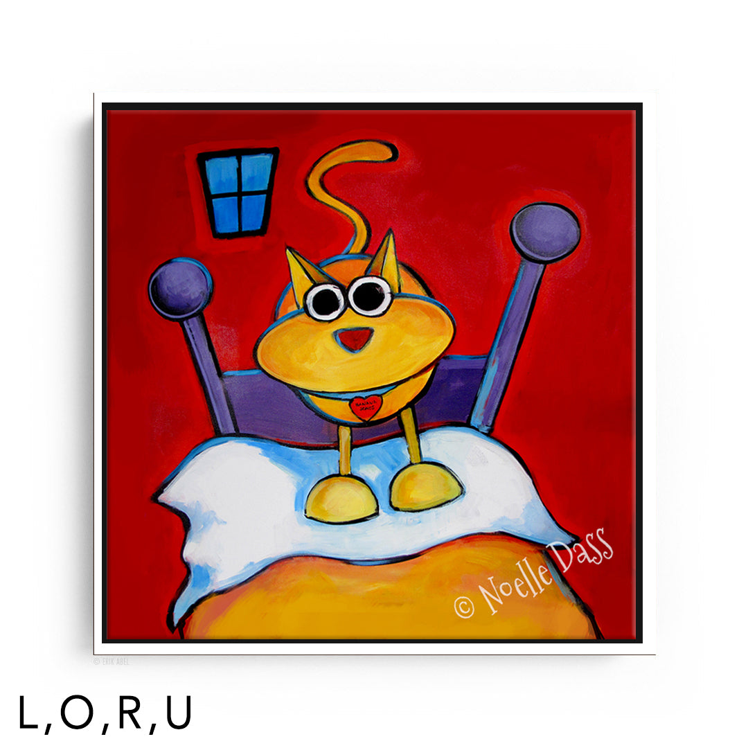 Who Needs an Alarm Clock?! Cat Art framed canvas art print with a white floating frame by Noelle Dass