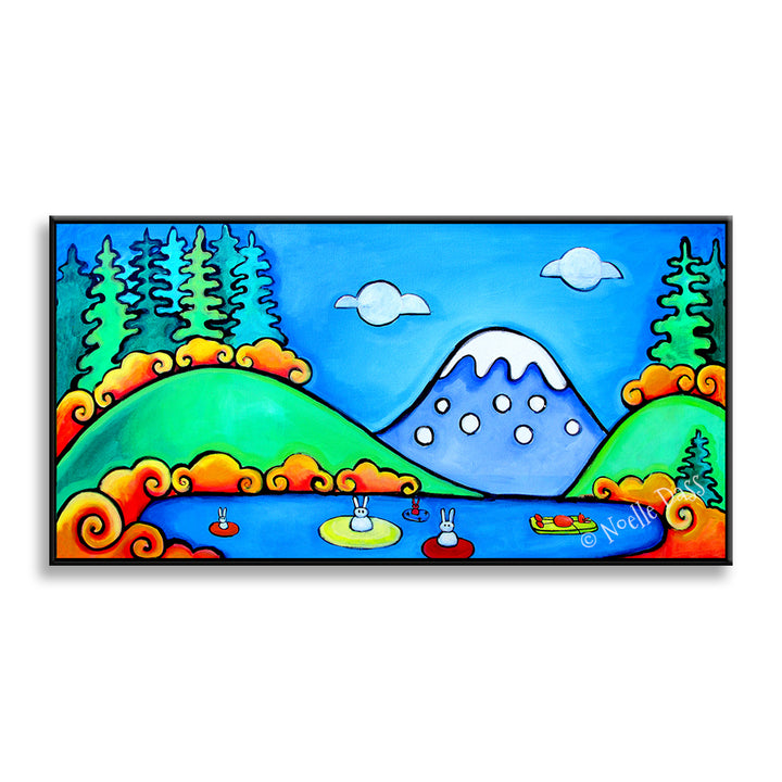 A Perfect Day - Bunny Floaters (Rabbits and a dog) Canvas / 15x30 / Black Floating Frame