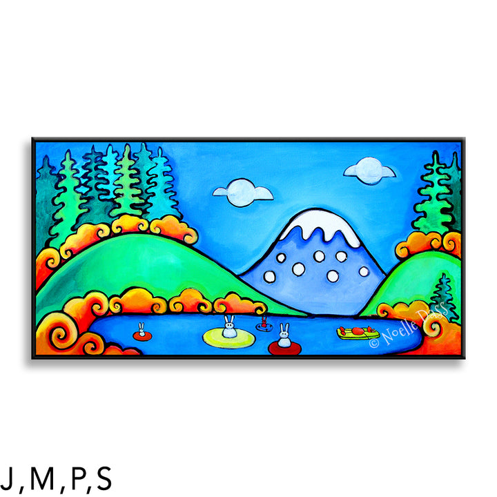 A Perfect Day - Bunny Floaters | Rabbits and dogs P: Framed Canvas - Black 24x48 in.