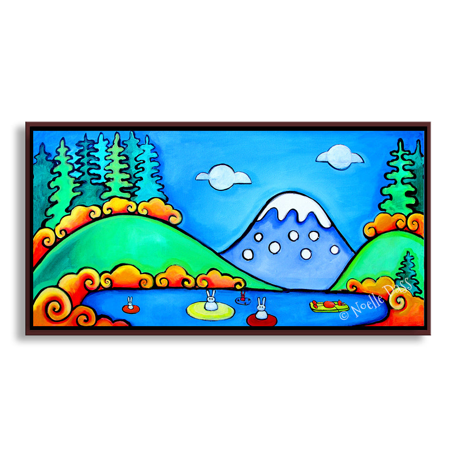 A Perfect Day - Bunny Floaters (Rabbits and a dog) Canvas / 15x30 / Espresso Floating Frame