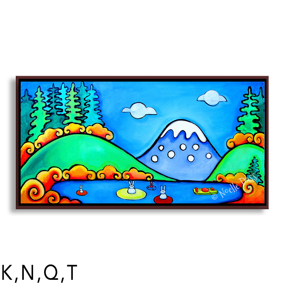 A Perfect Day - Bunny Floaters | Rabbits and dogs Q: Framed Canvas - Brown 24x48 in.