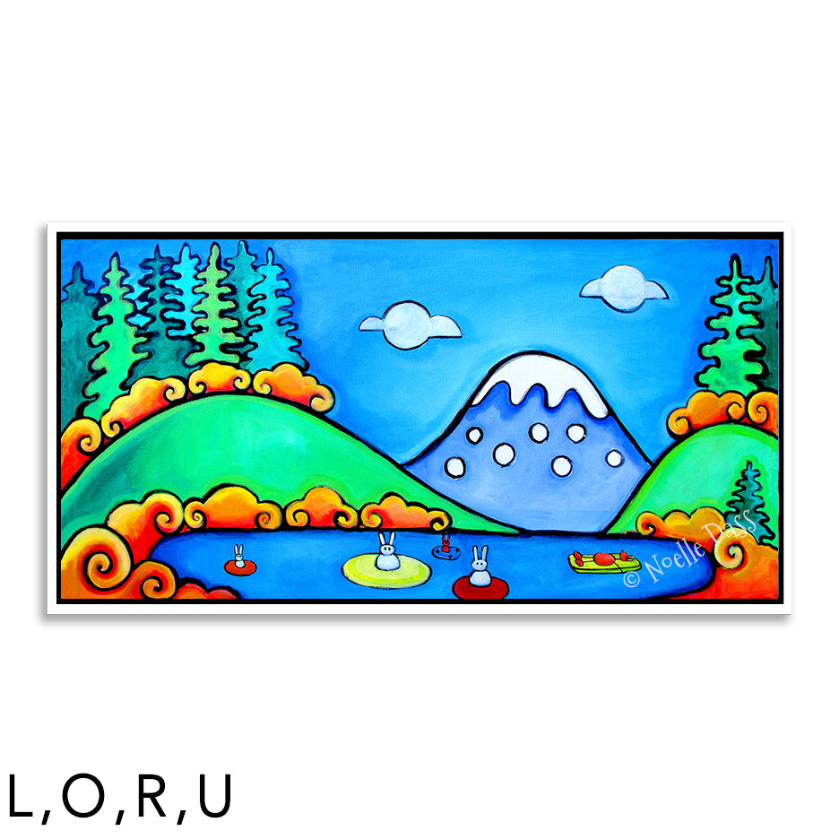 A Perfect Day - Bunny Floaters | Rabbits and dogs R. Framed Canvas - White 24x48 in.