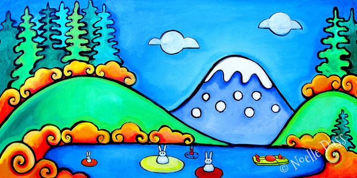 Bunnies and dog floating on water in inner tubes on a sunny day, colorful summer art print